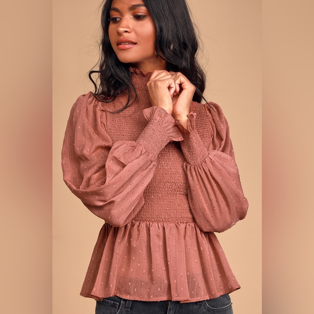 LULUS NWT Frills and Thrills Mauve Pink Smocked Long Sleeve Top Size XS